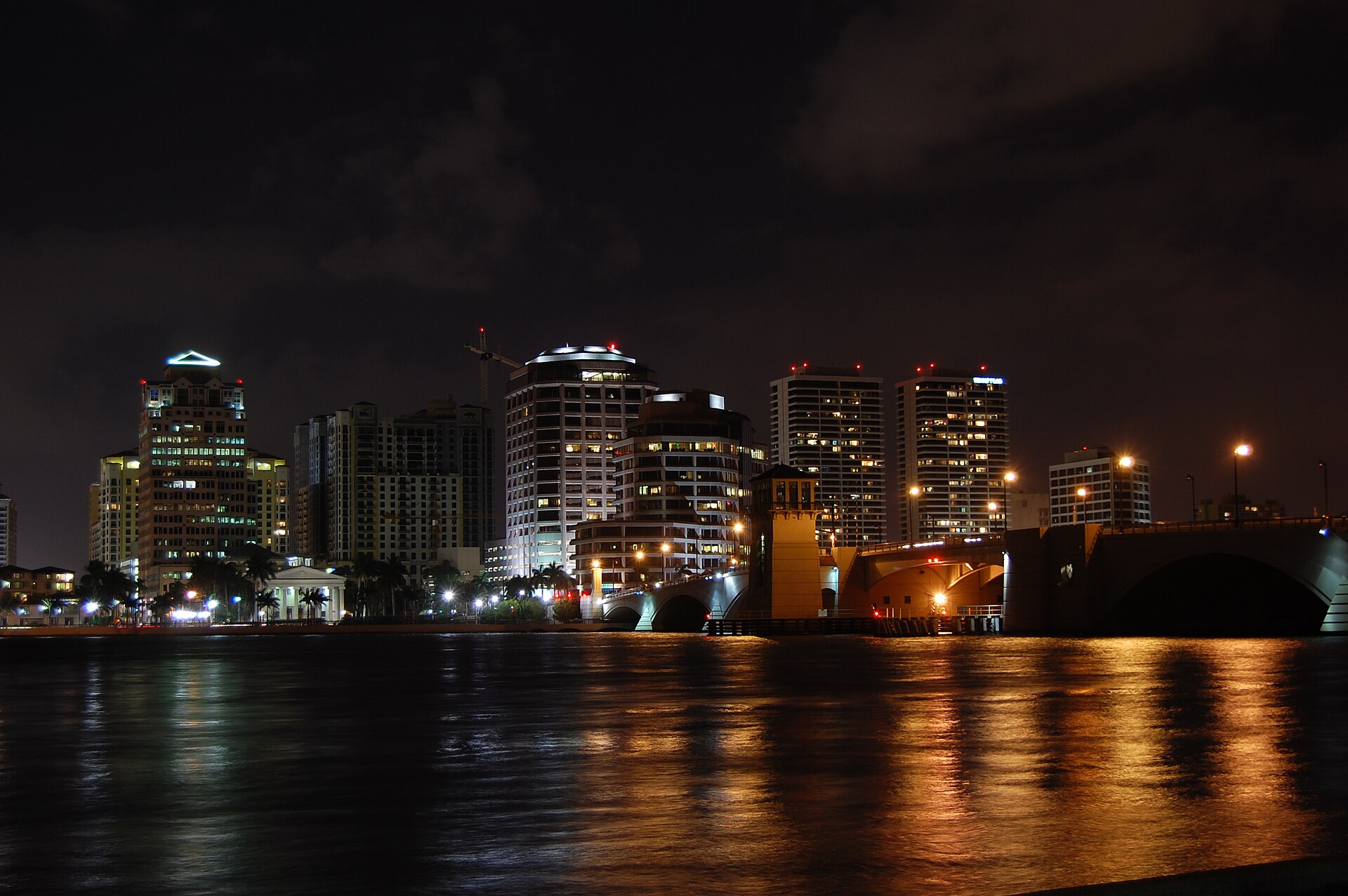 West Palm Beach skyline at night over the Lake Worth Lagoon